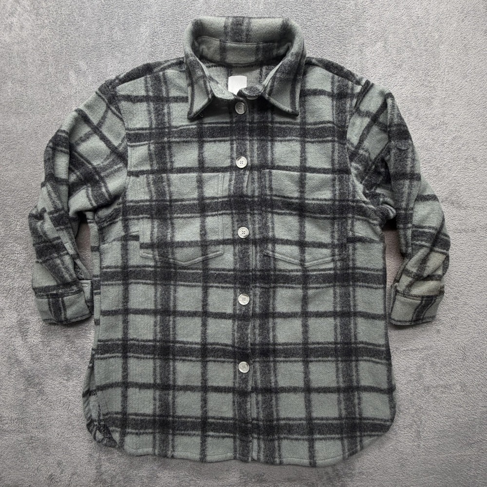 H&M Fleece Shirt Womens Large Gray Black Plaid Button Up Oversized